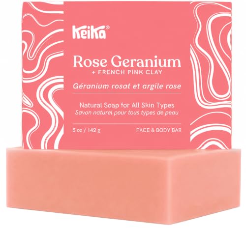 Keika Rose Geranium Soap Bar with French Pink Clay for Face &amp; Body, Natural Balancing Spa Bath &amp; Shower Cleanser, 5 oz.
