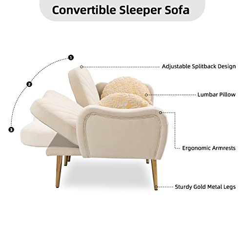 Homtique Futon Sofa Bed, Convertible Sleeper Sofa With 2 Bolster Pillows, 64.9" W, Modern Upholstered Small Splitback Loveseat Sofa For Living Room, Bedroom, Dorm, Office, Beige #TOP4