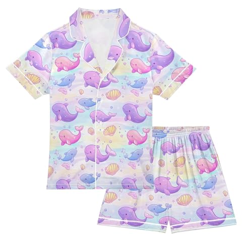 Cute Purple Dolphin Seashell Summer Pajamas Set Soft Satin Pjs Sets 2 Piece Short Sleeve Sleepwear Casual Clothes