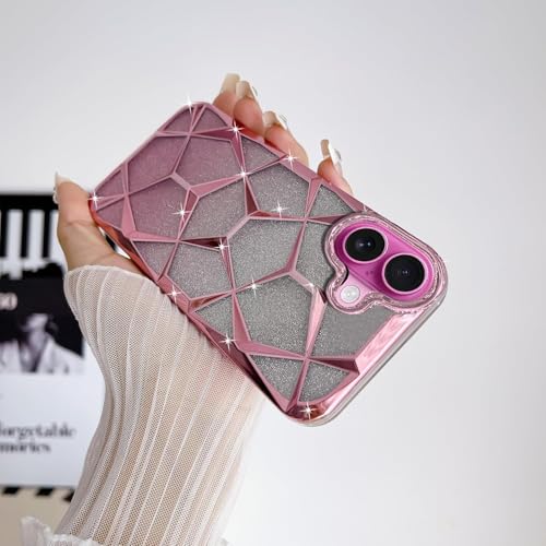 Image of VONZEE Gradient Glitter Case for iPhone 16 Plus, Luxury Electroplated 3D Cube, Diamond Bling Shiny Soft TPU Clear Shockproof Women Girls Protective Phone Cover (Rose Gold)
