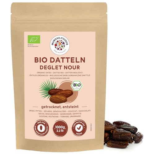 Munchilycious Dátiles Secos Orgánicos Deglet Nour 1kg, Datiles sin Hueso, Snack Listo para Comer