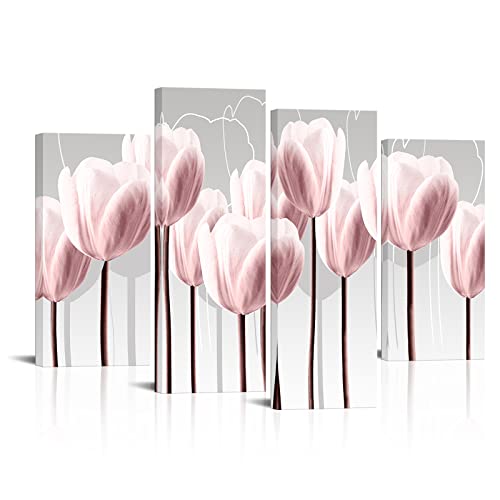 Visual Art Decor Floral Canvas Wall Art Pink Tulip Wall Decor, Pink Flower Painting Living Room Bedroom Home Wall Decoration Framed Artwork 34inx48in