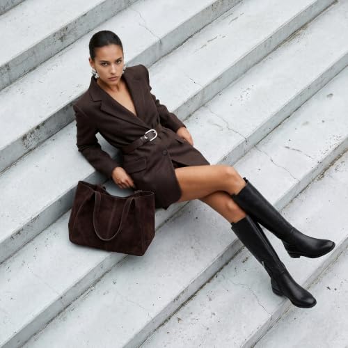 Image of Modatope Knee High Boots Women Rounded Toe Flat Retro Bais Opening Low Chunky Heel Riding Boots