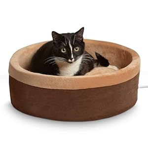 K&H Pet Products Thermo-Kitty Bed Heated Cat Bed for Indoor Cats , Electric Warming Bed for Cats and Small Dogs, Washable Thermal Plush Calming Round Pet Bed – Large 20″ Mocha/Tan