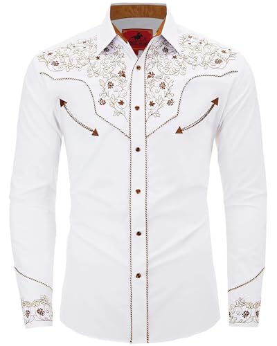Men's Western Cowboy Shirt Embroidered Long Sleeve Casual Button Down Shirt