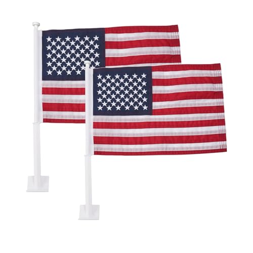 Homissor Car Flag 2 Pack American Flag for Car 11x17 Inch US Flags Embroidered Stars Flagpole with Window Clip Heavy Duty Nylon