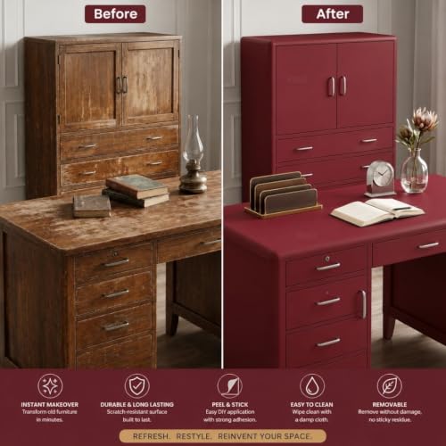 Image of HOME13 Red Wall Paper Peel and Stick Contact Paper Garnet Red Wallpaper for Cabinets and Drawers Matte Wallpaper Removable Self-Adhesive for Bathroom Countertops Vinyl Sticker(20x150 Inch)