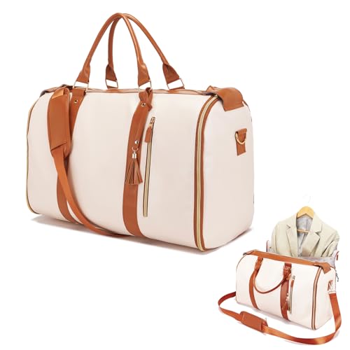 Garment Bag Duffel Bag Suit Travel Bag for Travel,Large PU Leather Duffle Bag for Women Men,Waterproof Garment Bags for Travel with Built-In Shoe Pocket,3 in 1 Hanging Suitcase Suit Travel Bags, White