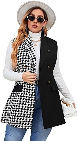 Floerns Women's Plus Size Houndstooth Print Colorblock Shawl Collar Vest Blazer Black and White 2XL
