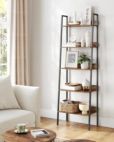 Image of VASAGLE Bookshelf, 5-Tier Narrow Book Shelf, 11.8 x 23.6 x 66.9 Inches, Ladder Shelf for Home Office, Living Room, Bedroom, Kitchen, Rustic Brown and Ink Black ULLS067B01