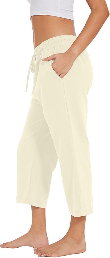 Women's 2025 Summer Capris Pants Causal Drawstring Elastic Waist Pants Lightweight Lounge Beach Trousers with Pockets2