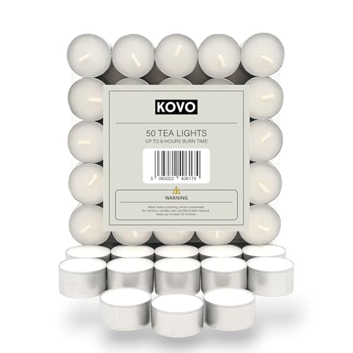 KOVO Tea Light Candles 8 Hour Burn 50 Pack - Long Lasting Unscented TeaLights - Ideal for Weddings, Parties, Restaurants, Aromatherapy - Large, Durable - Smokeless, Clean Burn - Premium Candles