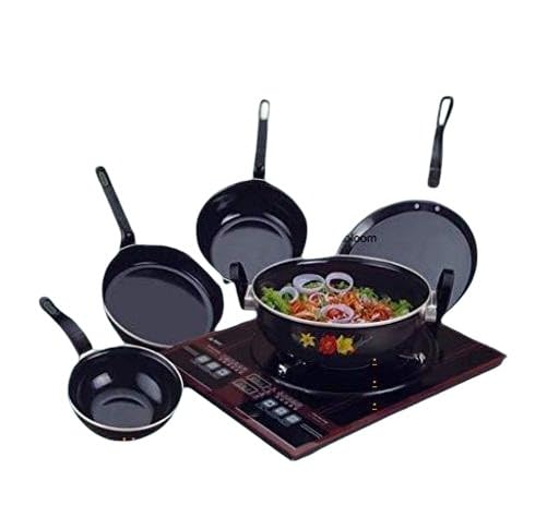 Image of Nonstick cast Iron Induction Base cookware Set of 5 Pieces kadai Sauce pan Fry pan tawa tadka pan for Home Kitchen Black Free Size