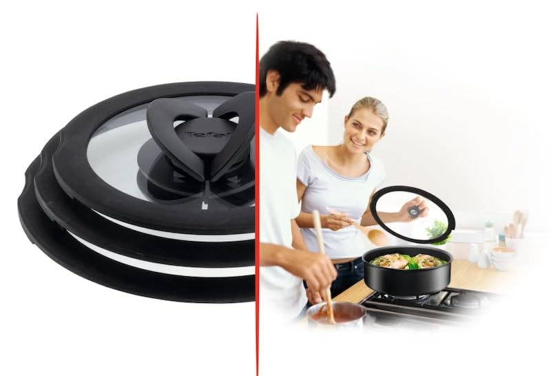 Tefal Ingenio - Lot de 4 couvercles en verre - Diamètre : 22/24/26/28 cm - Avec poignée rabattable et ouverture de sortie de vapeur - Verre/silicone - Passe au lave-vaisselle