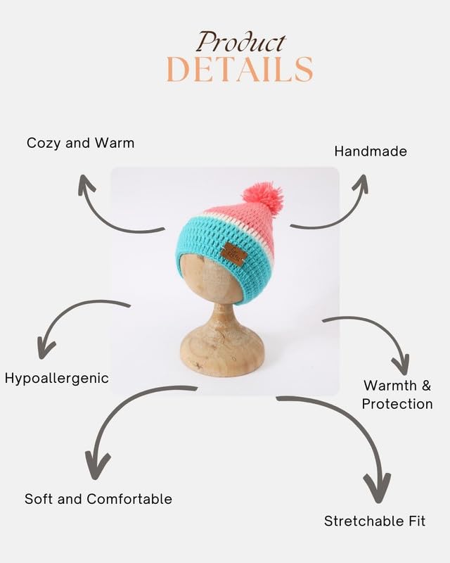 Image of Handmade Knitted Self Design Woolen Beanie Cap for Kids - White & Red 6-12 M | Winter Cap for Baby | FUNCAP56-6-12 M