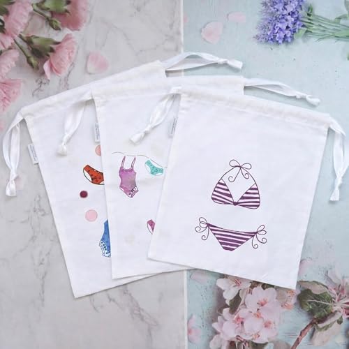 Image of Lingerie Drawstring Bags Set of 3, 15x15 inch, 100% Pure Cotton, Cute Embroidery Pouch for Underwear, Swimwear, Delicates & Travel Storage, Washable Beach Bags for Women (White)