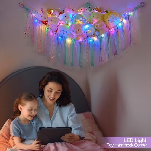 Image of FIOBEE Stuffed Animals Net LED Light Toy Hammock for Kids Bedroom Storage