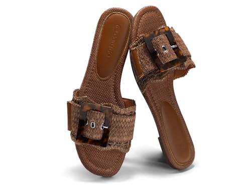 Image of Coutgo Womens Flat Sandals Raffia Slip On Slide Sandal Square Open Toe Buckle Summer Beach Shoes Flats
