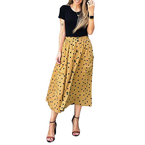 Exlura Womens Polka Dot A line Elastic Waist Button Up Midi Skirt with Pockets (Butterscotch, XX-Large)