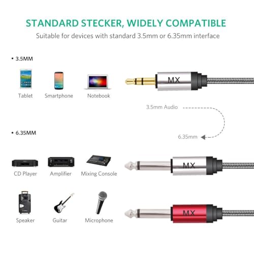 Image of MX 3.5 mm 1 /8 TRS to Dual 6.35 mm 1 /4 TS Mono Breakout Cable Y Spitter Stereo Cord Adapter Compatible with iPhone,iPod,Laptop,CD Players,Power Amplifier,Mixer, Home Stereo Systems 0.5 meters