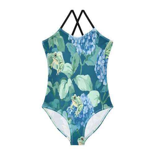 Green Frog Blue Hydrangea Pattern Girls One-Piece Swimsuit Beach Swim Bathing Suit