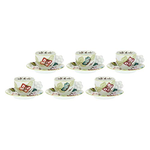 THUN - Set Tazzine caffè da 6, con Decorazione di Farfalle e Manico a Forma di Fiore - Accessori Cucina - Linea Farfalle in Festa - Porcellana