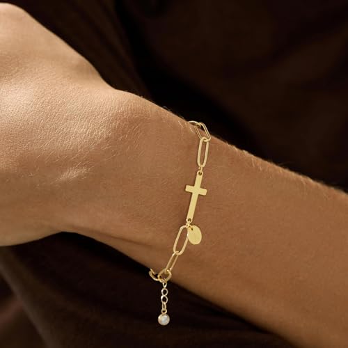 Gold Bracelets for Women,14K Gold-Plated Dainty A-Z Letter Cross Initial Bracelet for Women, Hypoallergenic Paperclip Chain Bracelets Fashion Accessories Religious Christian Gift4