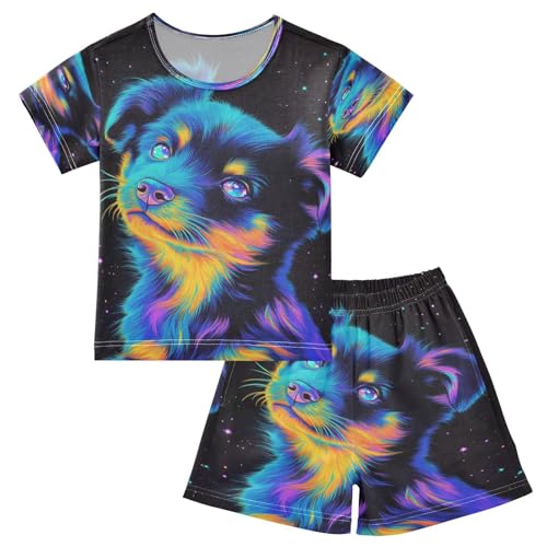 ALAZA Black Cute Pug Dog Pajamas Set Short Sleeve Cotton Sleepwear Summer Pjs 2 Piece 5-14Y