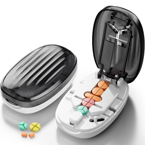 Pill Cutter Splitter for Small and Tiny Pills, 1/2 1/4 Pill Splitter for Small Pills,Tablets in Half or Quarters, Accurate and Easy Cutting, Stainless Steel Blade, Back Storage (Transparent Black)