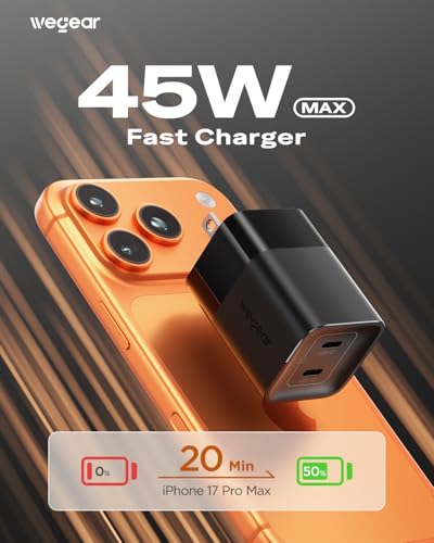 wegear 45W USB C Charger, 2 Port GaN Fast Charging with PPS, Foldable Wall Charger Block for iPhone 17/16/15, iPad, Galaxy S25/S24, Pixel 10/9 (Black) — view 2
