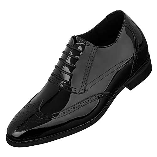 CALTO Men's Invisible Height Increasing Elevator Shoes - Black Patent Leather Lace-up Wing-tip Formal Oxfords - 3 Inches Taller - S1015 - Size 10 D(M) US