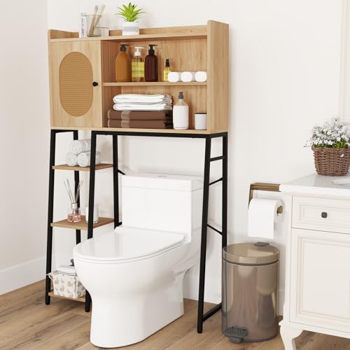 COSTWAY Armoire de Rangement Au-Dessus des Toilettes, Organisateur de Salle de Bain, Meuble WC Porte en Rotin PE, Etagères de Rangement Ouvertes et...