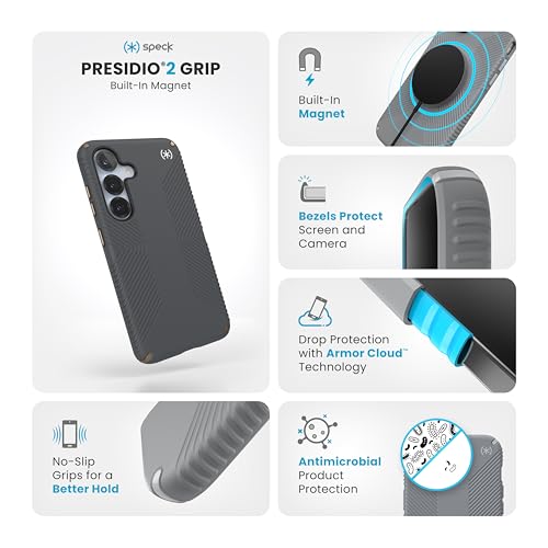 Image of Speck Samsung Galaxy S25 Case - Presidio 2 Grip + Magnet, 13-Foot Drop Protection, No-Slip Grips, Raised Bezel, Enhanced Buttons, Charcoal Grey /Cool Bronze