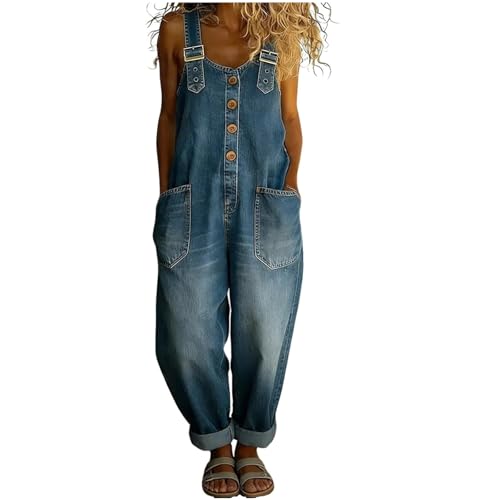 Overol de mezclilla para mujer, con botones frontales, correas de hombro ajustables, pierna ancha, overol vintage suelto Y2K Streetwear, azul, XXL