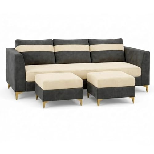 Image of FURNY Nova 5 Seater L Shape Sofa Set with 2 Movable Ottoman | Flexible Left or Right Layout | Plush Velvet Fabric (Dark Grey-Cream) | Perfect for Living Room, Guest Room & Office