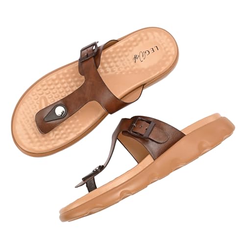 Image of Legwork Women's Orthopaedic T-Strap Thong Sandal | Acupressure Massage Footbed | EVA Cushioned Platform Sole | Doctor Arch Support | Adjustable Buckle Strap | Diabetic Friendly Flat Sandals for Women | UK 3-8 | Brown, Tan, Pink