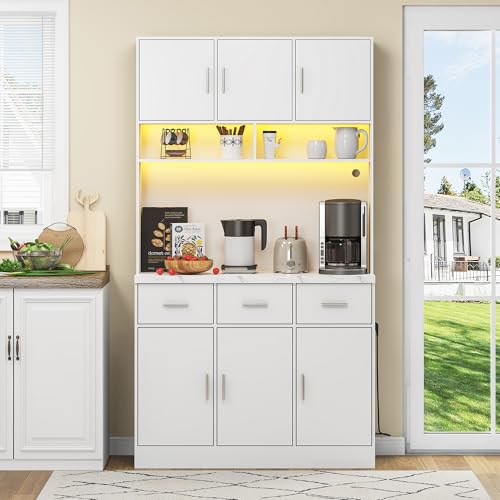 LAKFEW Alacena de Cocina con Enchufe y Iluminación LED, Armario Cocina con 6 Puertas y 3 Cajones, Alacena Cocina con Estantes Ajustables y Dispositivo Antivuelco, 100x40x180 cm, Blanco