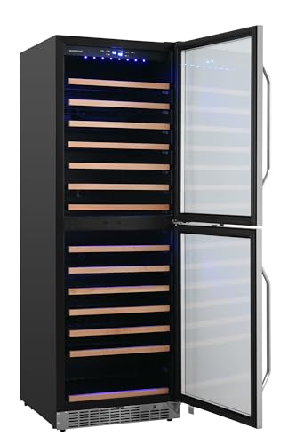 Image of EdgeStar CWR1553DD 142 Bottle 24 inch Built-In or Free Standing Dual Zone Double Door Wine Cooler with LED lighting and Door Lock - Stainless Steel