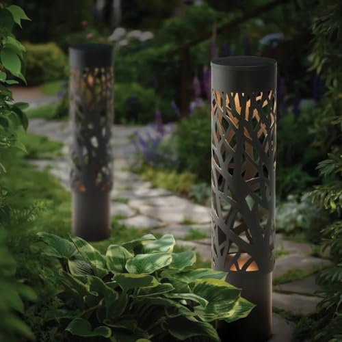 Image of Solar LED Bollard Pathway Lights (2-Pack), Matte Black Heavy Duty Steel Outdoor Landscape Lights, Dusk to Dawn Automatic Path Lights with Decorative Shadow Effect for Garden, Driveway, Walkway, Patio