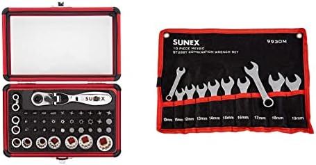 Sunex 9732 44Pc 1/4" Dr Mini Dual Flex Head RATCHET W Socket & Bit Set & 9930M Metric Stubby Combination Wrench Set, 10-Piece