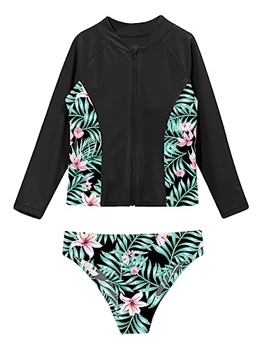 Eandarui Kids Girls Rash Guard Swimsuit UPF 50+ Long Sleeve Zipper Swim Shirt with Bikini Briefs Bathing Suit Green 14 Years