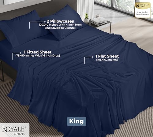 Image of ROYALE LINENS 100% Organic Cotton King Sheet Set - Percale Weave - 4 Pieces Set - 1 Flat, 1 Deep Pocket Fitted Sheet and 2 Pillowcases - Navy Bed Sheets - Sabanas King - Crisp Cool (Navy)