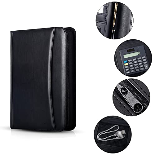 eshow leather portfolio professional business padfolio with zipper - interview resume notefolio premium legal document organizer with card holder writing pad and file folders for men and women