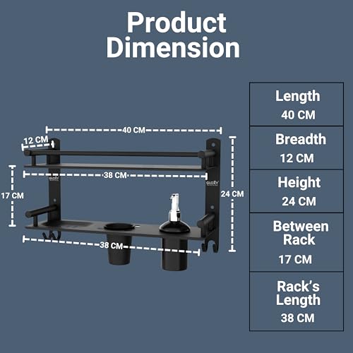Image of GLOXY Premium Stainless Steel Black Matt Finish 2 Layer Bathroom Shelf Rack with Soap Holder, Liquid Soap Dispenser & Toothpaste Holder - 4 in 1 Washroom Rack for Home, Office, Hotels & Restaurants