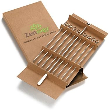 Zenlogy 5 inch Stainless Steel Picks (set of 8) and Swizzle Stick - Ideal Olive Skewers - Will Not Drown in Your Martinis, Cocktails, and Bloody Mary