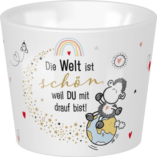 Sheepworld Eierbecher mit Motiv "Die Welt ist schön, weil du mit drauf bist", mit Golddruck | Porzellan, Höhe 4,3 cm, Durchmesser 5,2 cm | lustiges Geschenk, Frühstück, Ostern | 48525