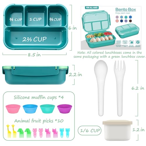 Image of QQKO Bento Box for Kids Adults, School Toddler Lunch Box for Boys Girls, Lunch Box Containers with 4 Compartments, Sauce Container, Utensils, Food Picks and Muffin Cups for School, Green