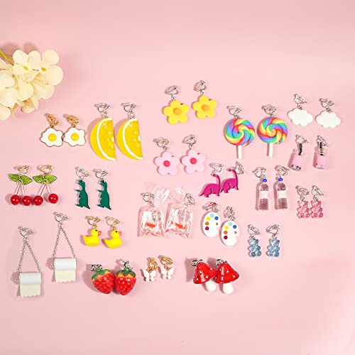 20 Pairs Clip On Earrings Weird Funny Earrings Gummy Bear Duck Water Bottle Fish Dinosaur Mushroom Butterfly Strawberry Dangle Earrings Set for Women2