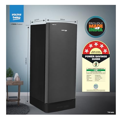 Image of Voltas Beko, A Tata Product 183 L, 5-Star Single Door Direct Cool Refrigerator with Fresh Box Technology (RDC215V / 5W0DGR0M0B00GO, Dark Grey)