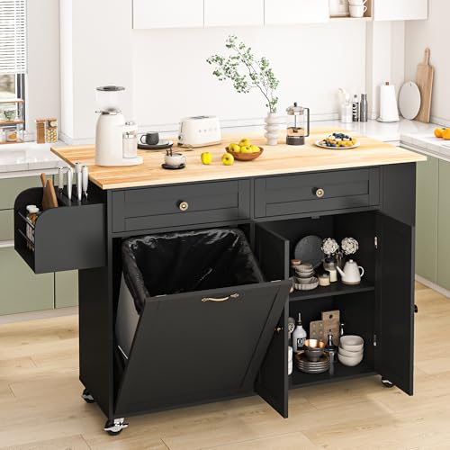 JassmiPkwy 60'' Rolling Kitchen Island with Drop Leaf, Storage Islands Cart with Tilt Out Trash Can Cabinet, Rubber Wood Tabletop, Knife Holder, Wheels, Black